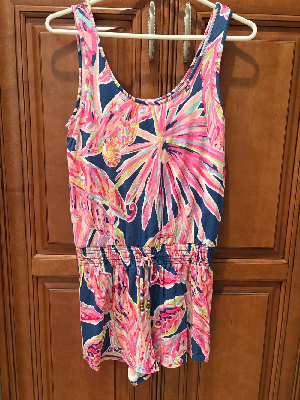 Lilly Pulitzer Navy Romper with Pink Tropical Print